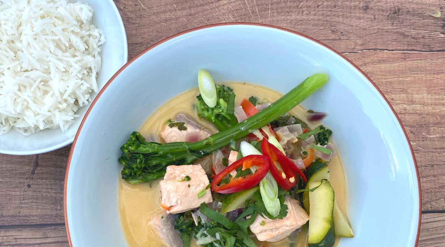 Thai Salmon Curry in a bowl