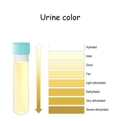 Urine colour chart indicating that clear or pale yellow urine means a good level of hydration, and very dark yellow urine suggests severe dehydration.